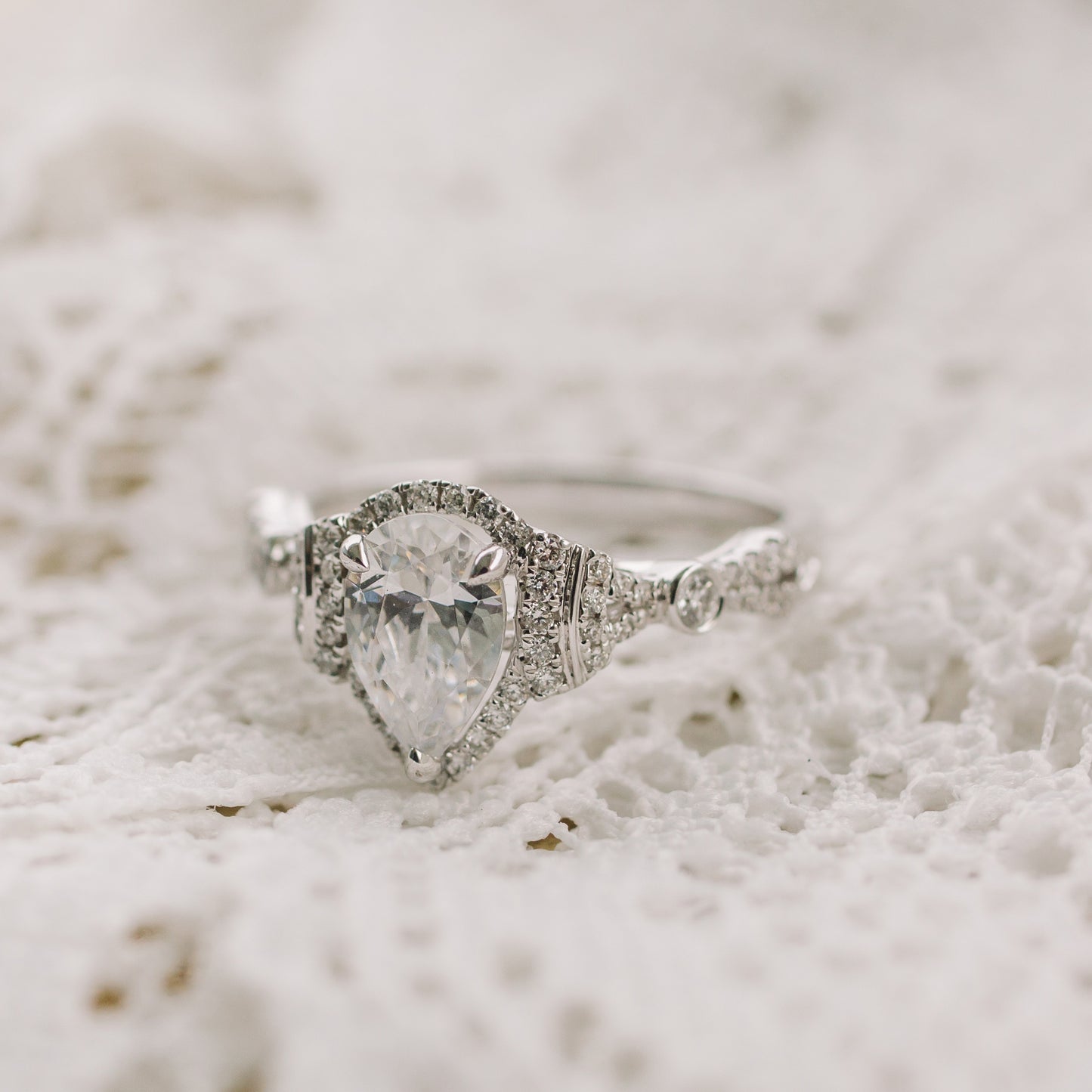 Deco Bezel Pear Halo Ring with 3/4ct Pear Certified Lab Diamond Center