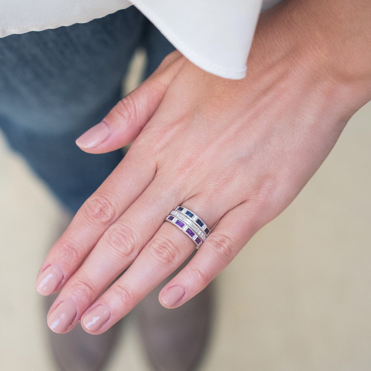 Blue Sapphire Baguette Engraved Diamond Wedding Band