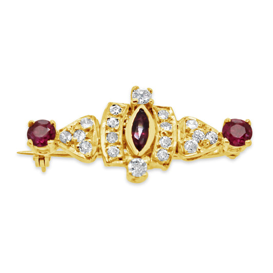 18K Yellow Gold Diamond and Ruby Vintage Brooch