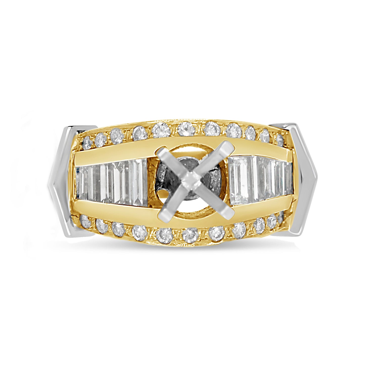 14k Two Tone Gold Baguette Diamond Wide Engagement Ring