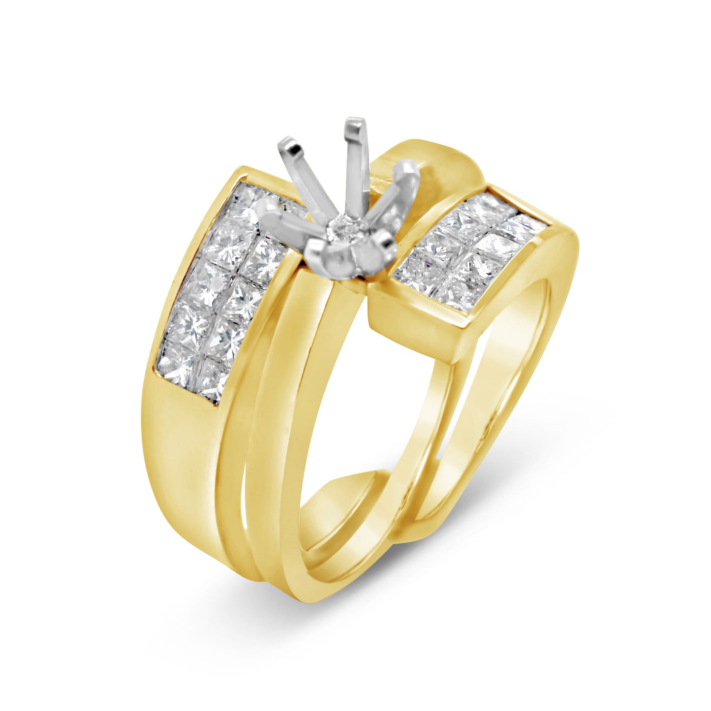 14k Yellow Gold Invisible Set Princess Diamond Engagement Ring Set