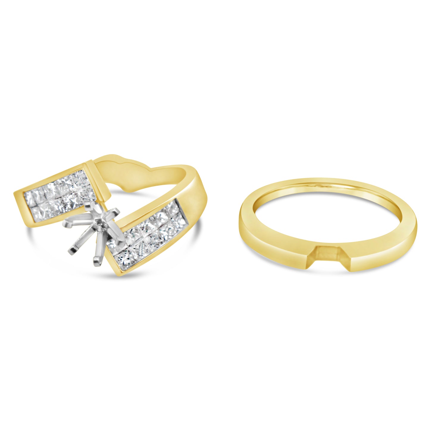 14k Yellow Gold Invisible Set Princess Diamond Engagement Ring Set