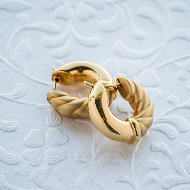 14K Yellow Gold Vintage Brushed Hoop Earrings