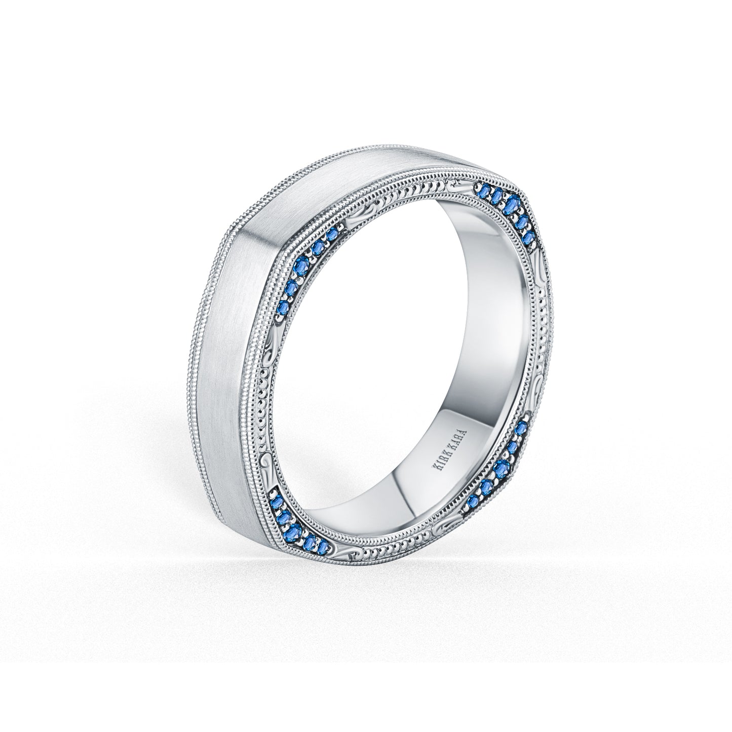 Thin Square Sapphire Accent Engraved Wedding Band, 5mm