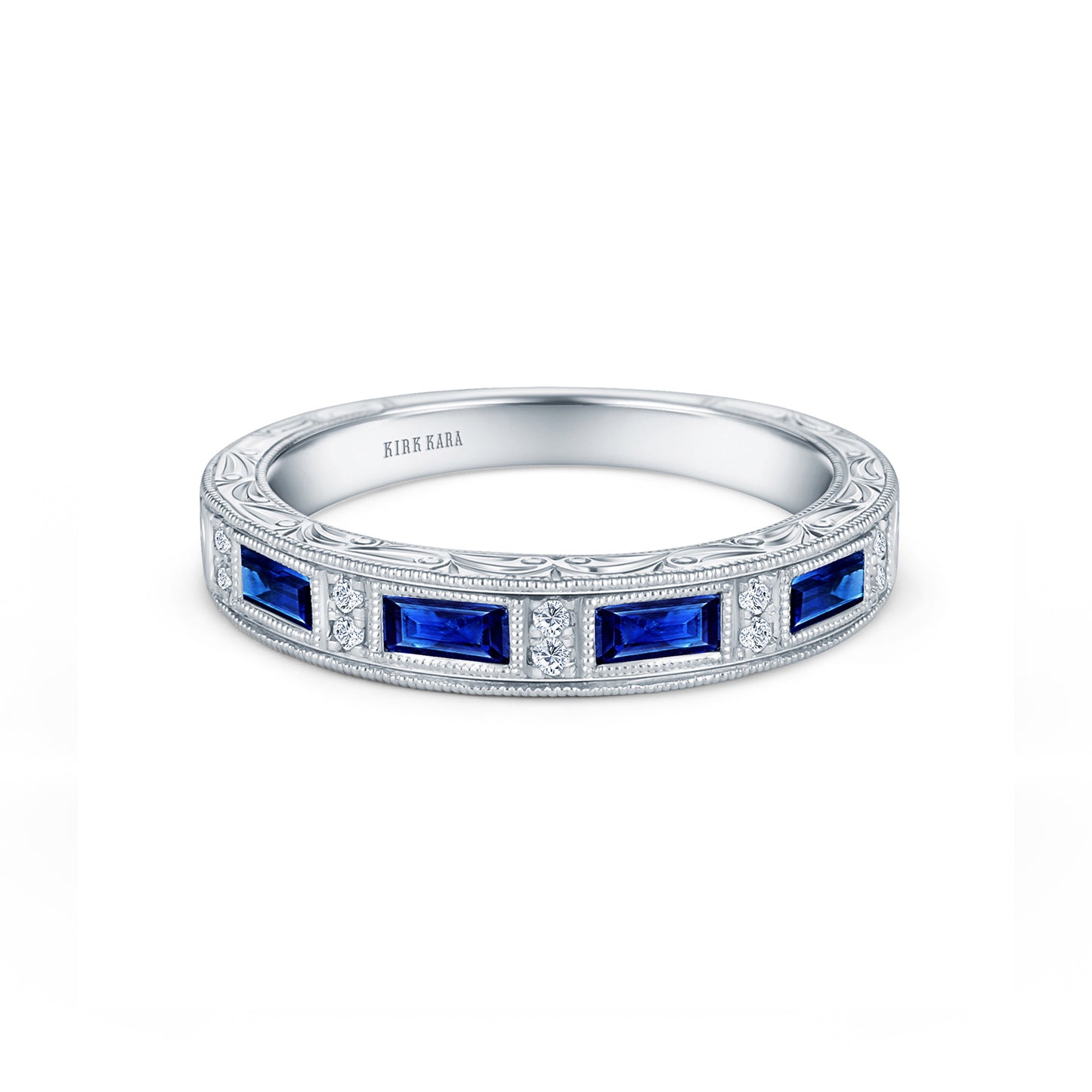 Blue Sapphire Baguette Engraved Diamond Wedding Band