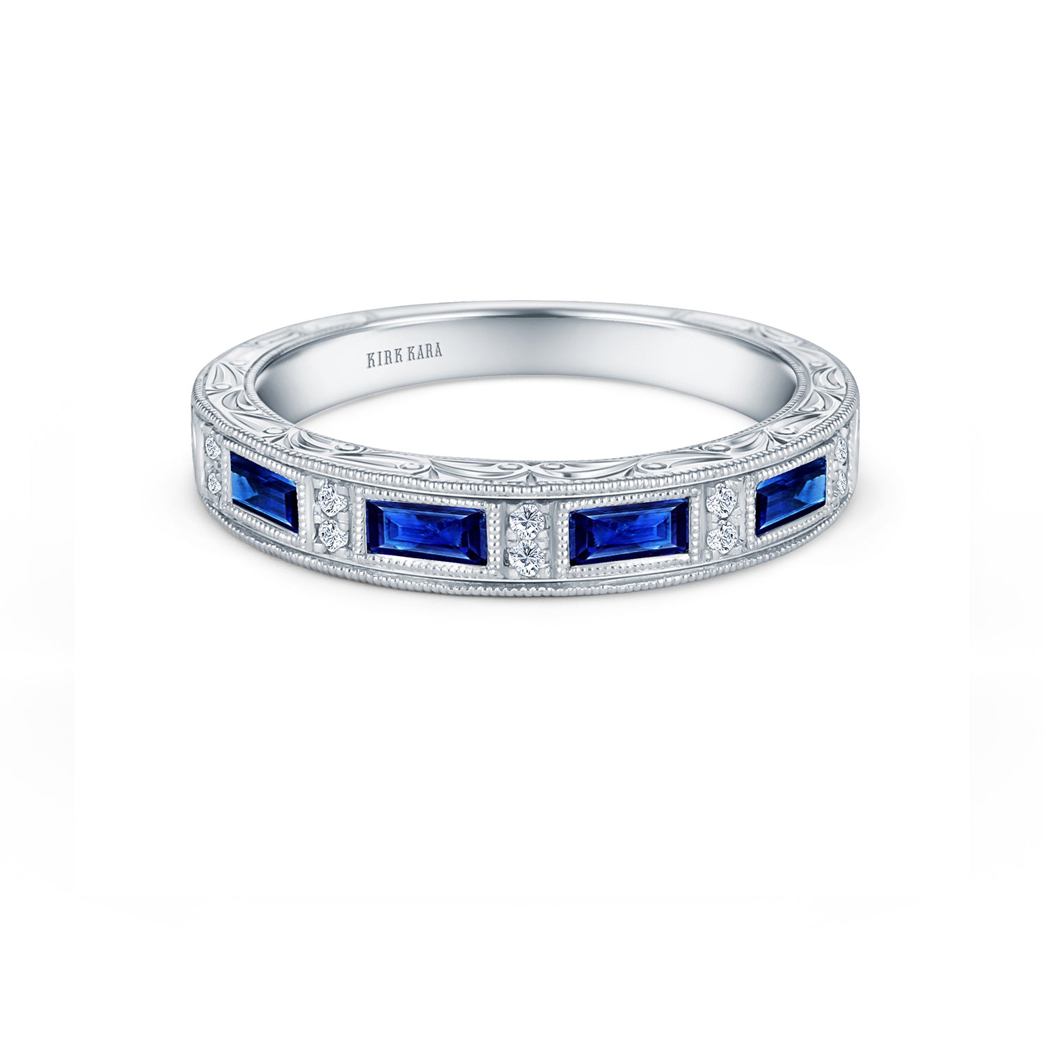 Blue Sapphire Baguette Engraved Diamond Wedding Band