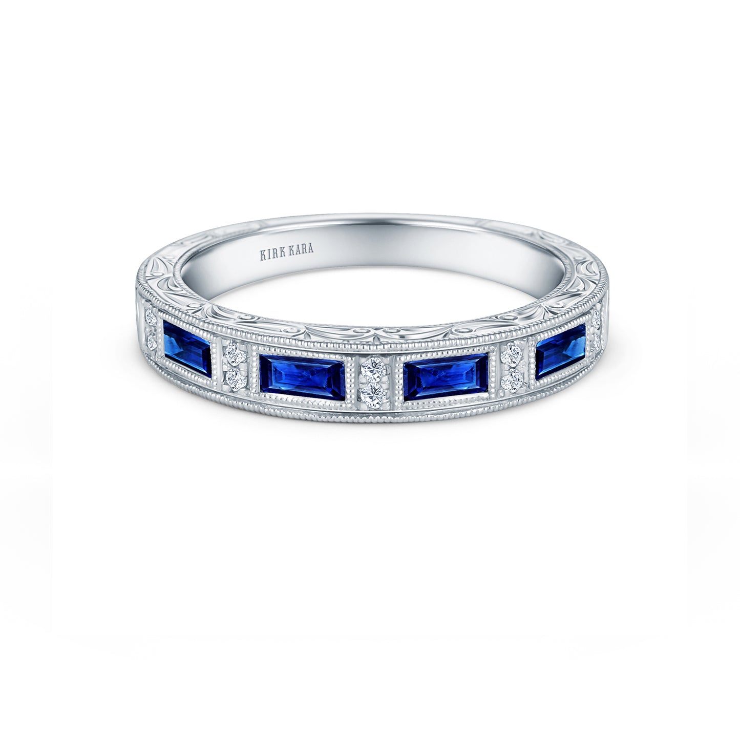 Blue Sapphire Baguette Engraved Diamond Wedding Band