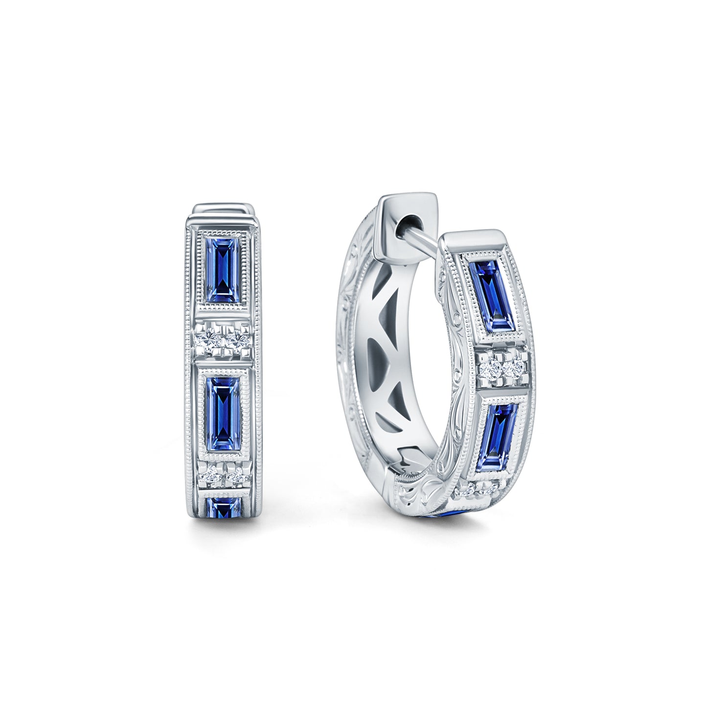 Blue Sapphire Baguette Engraved Diamond Hoop Earrings