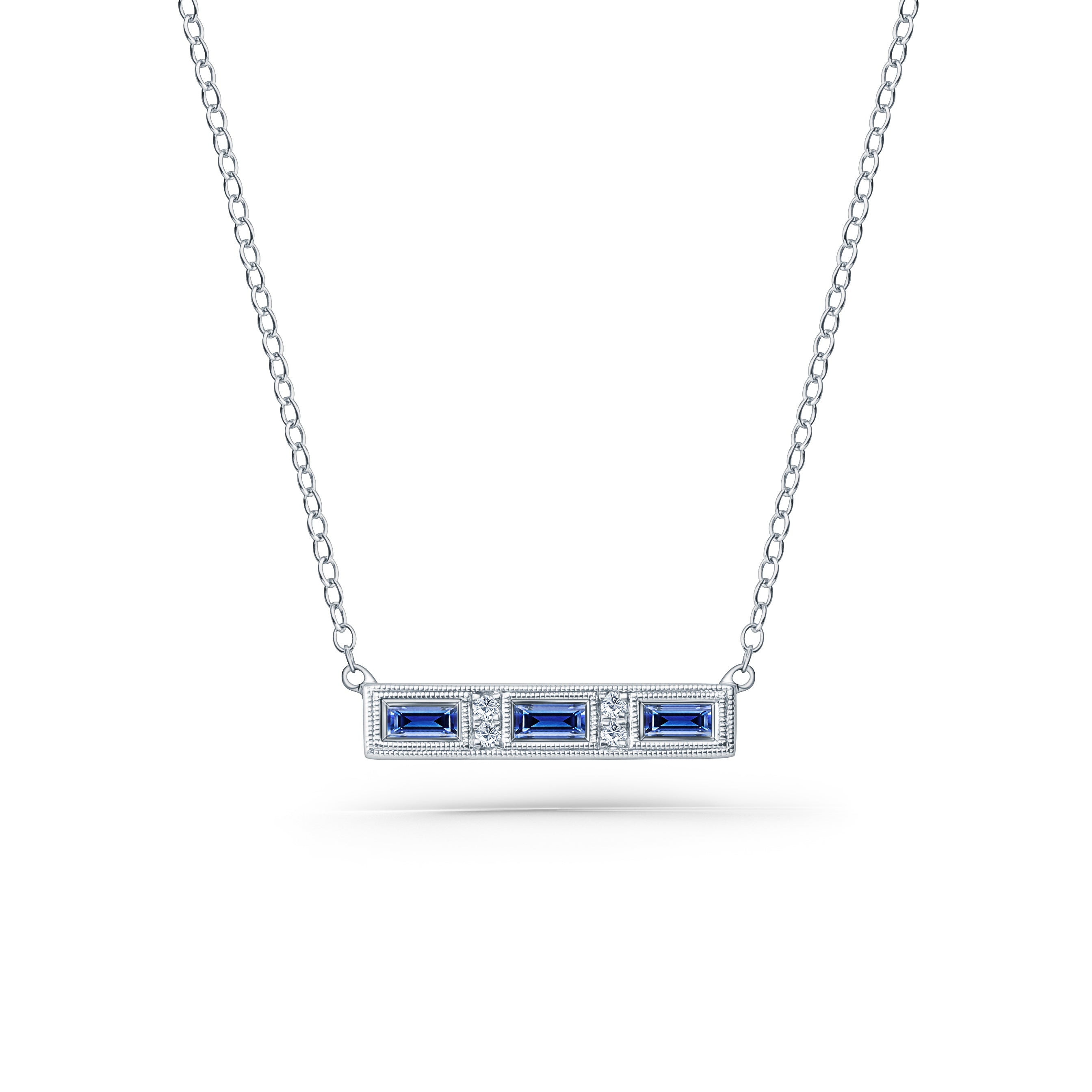 Blue Sapphire Baguette Engraved Diamond Bar Necklace