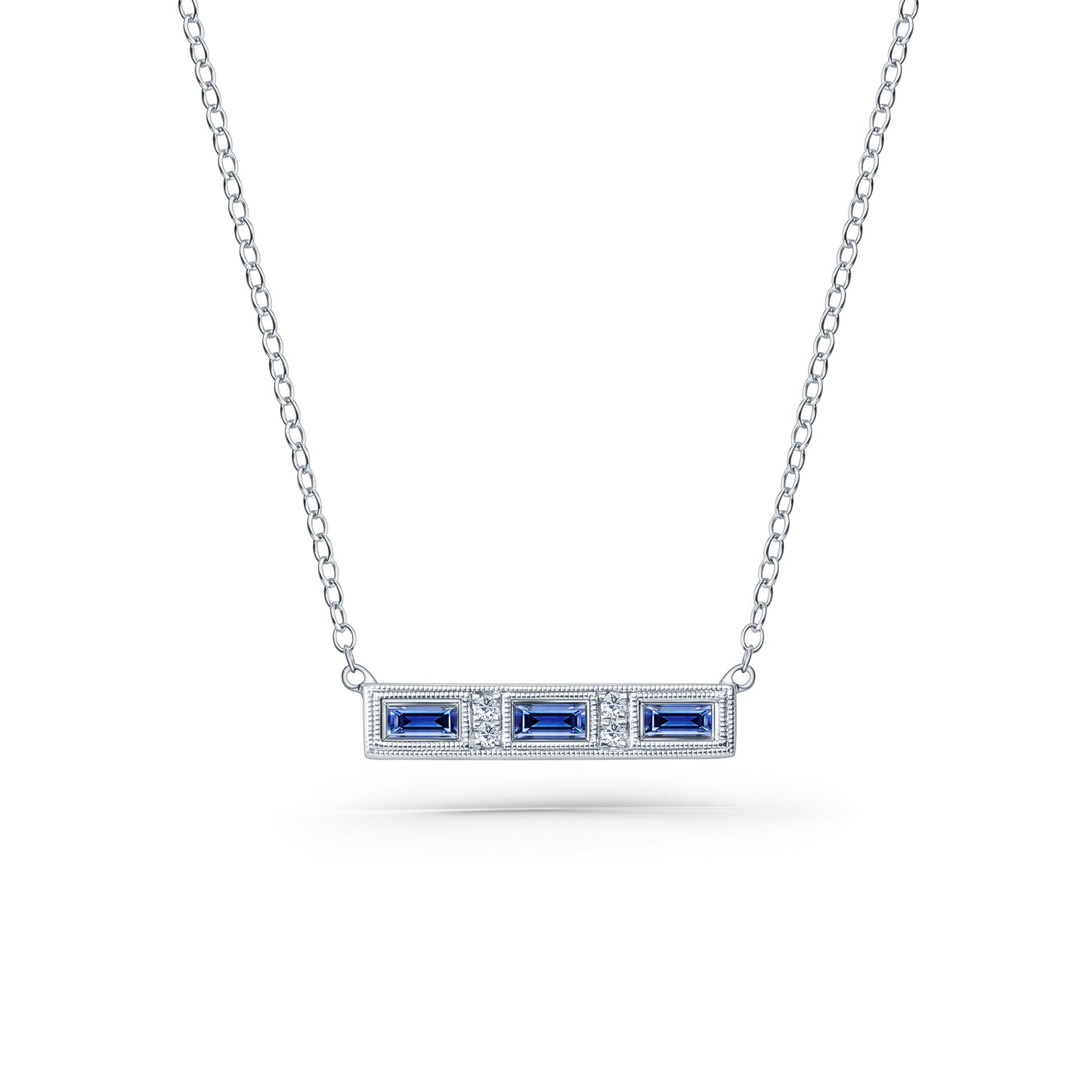 Blue Sapphire Baguette Engraved Diamond Bar Necklace