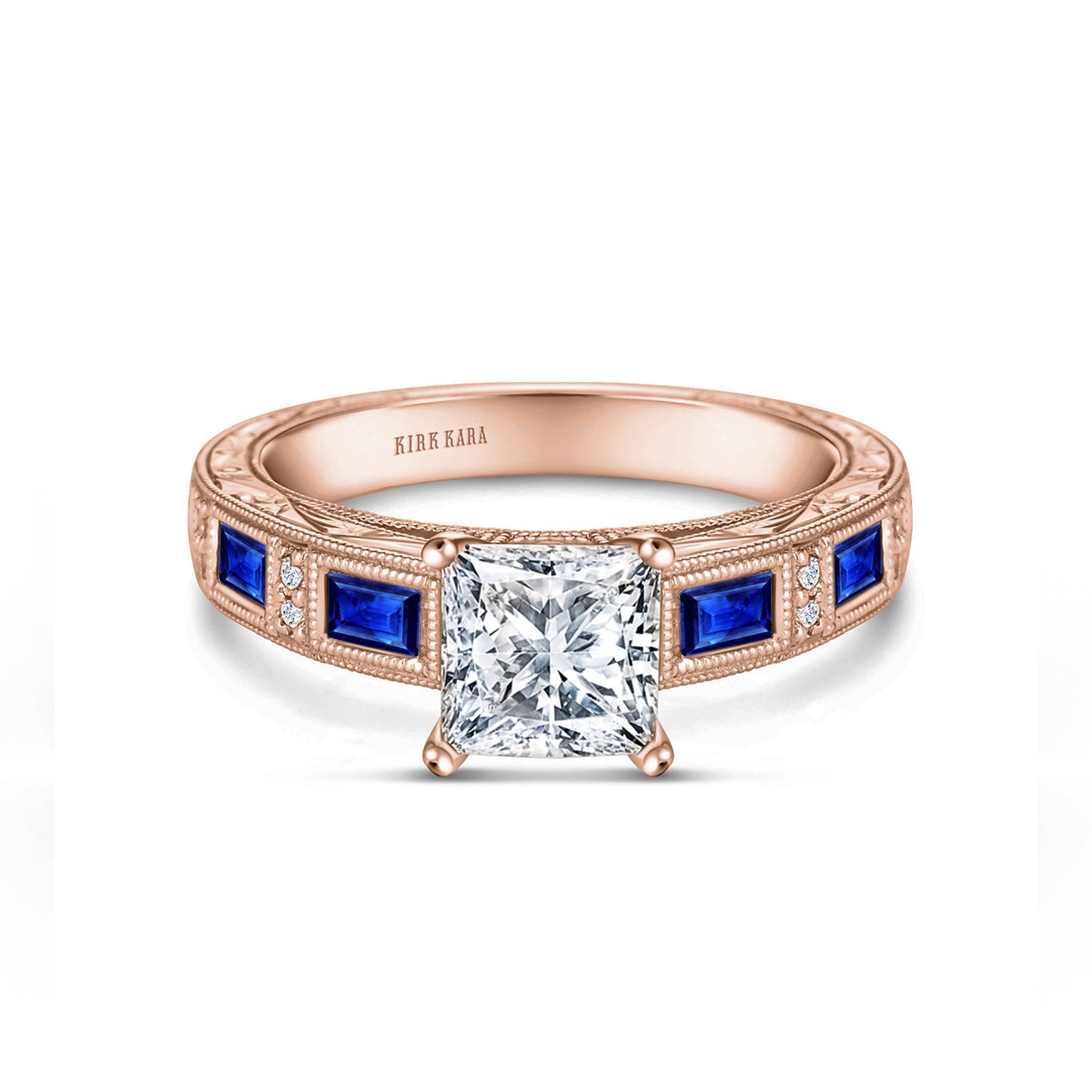 Blue Sapphire Baguette Engraved Cathedral Diamond Engagement Ring