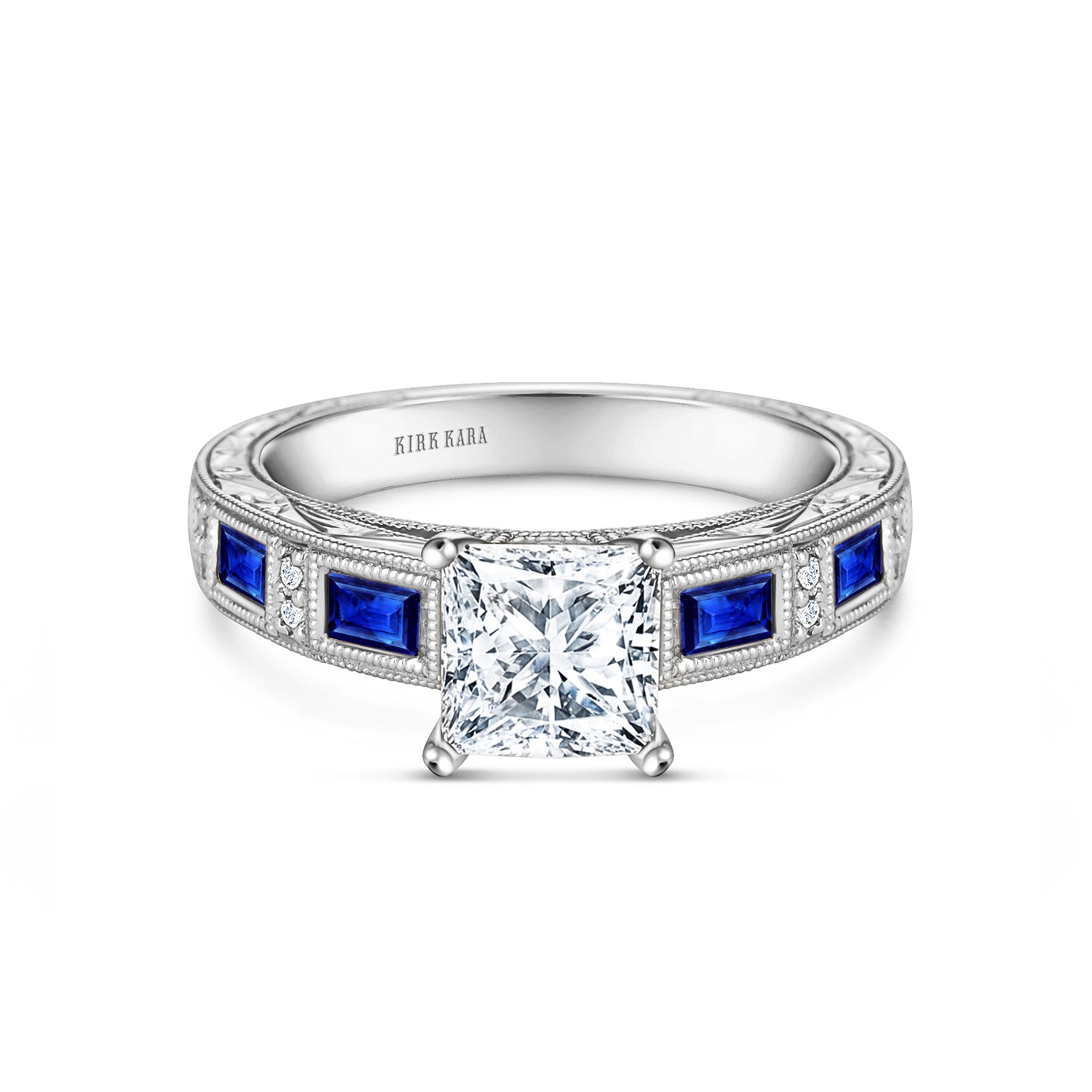 Blue Sapphire Baguette Engraved Cathedral Diamond Engagement Ring