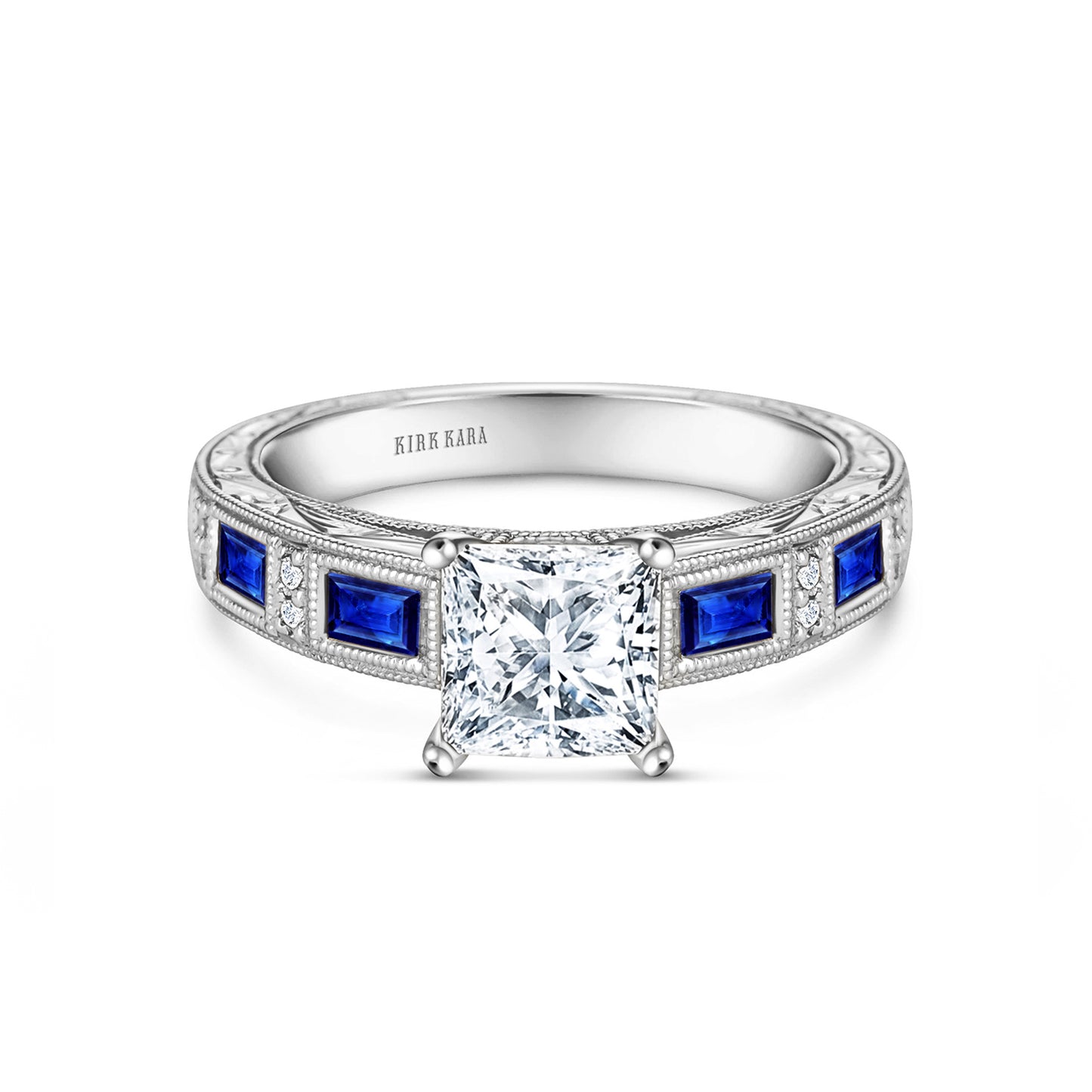 Blue Sapphire Baguette Engraved Cathedral Diamond Engagement Ring
