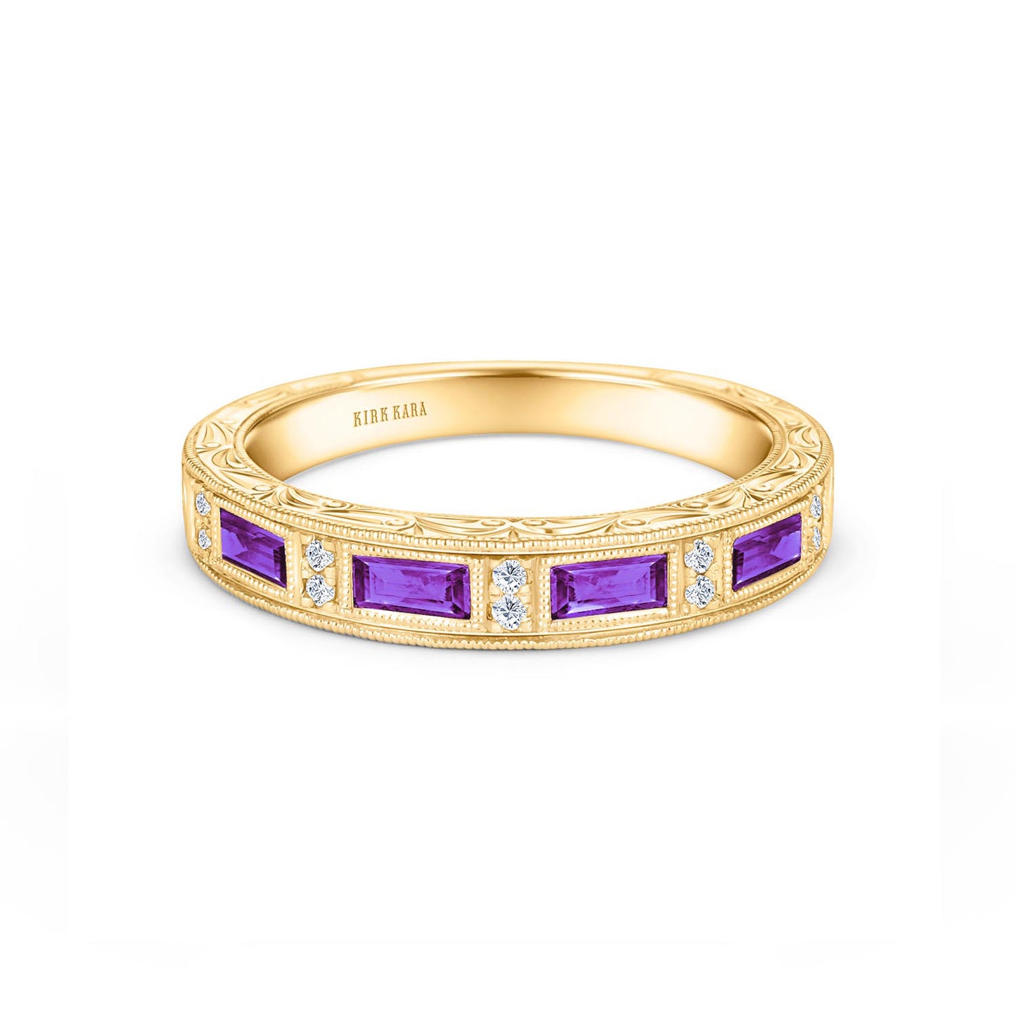 Blue Sapphire Baguette Engraved Diamond Wedding Band