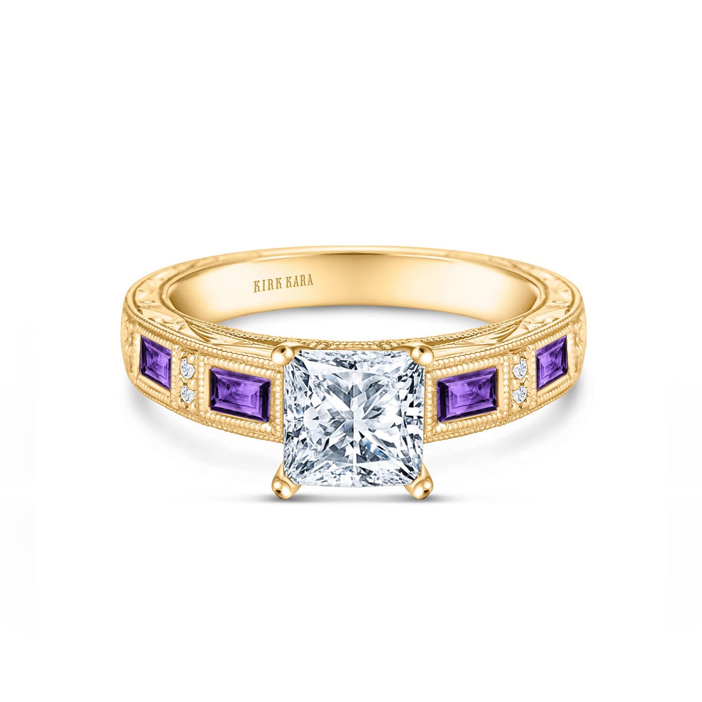 Amethyst Baguette Hand Engraved Cathedral Diamond Engagement Ring