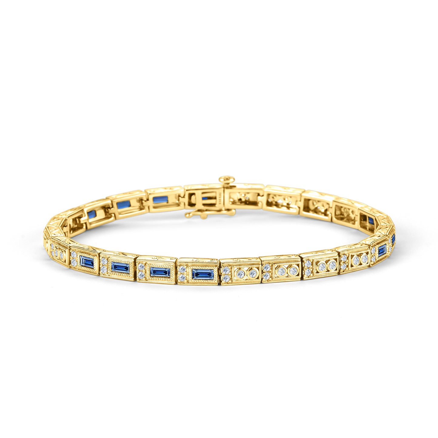 Blue Sapphire Baguette Engraved Diamond Bracelet