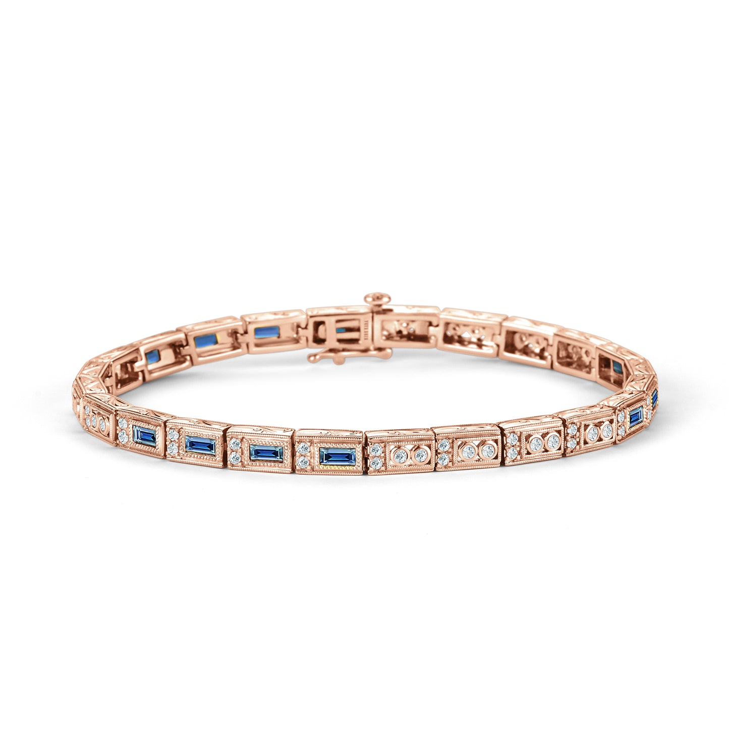 Blue Sapphire Baguette Engraved Diamond Bracelet