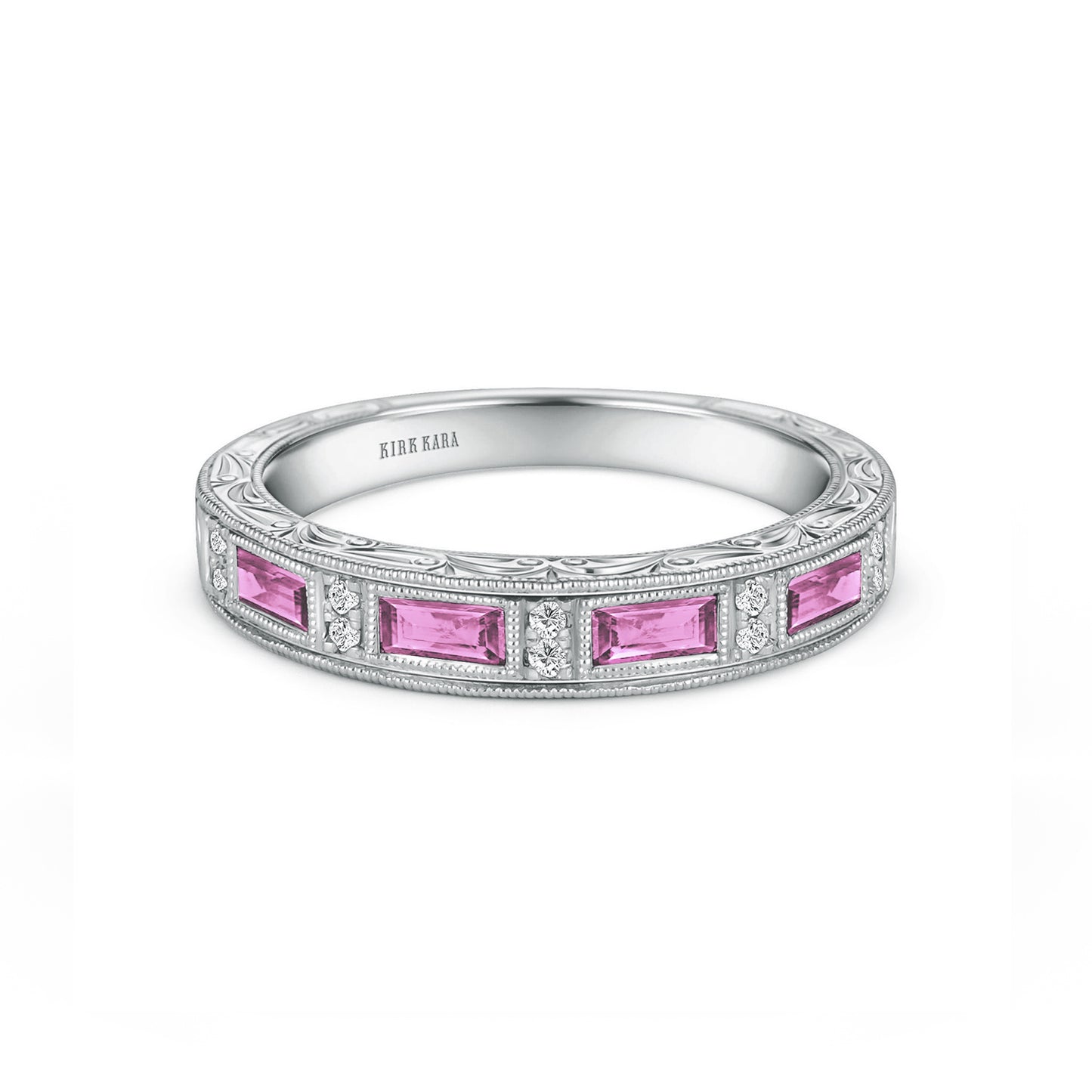 Pink Sapphire Baguette Engraved Diamond Wedding Band