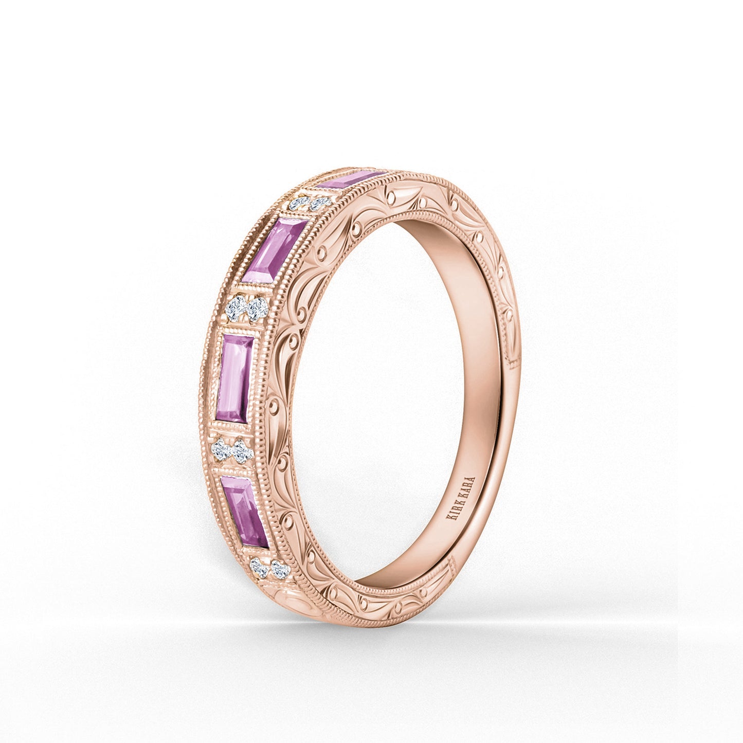 Pink Sapphire Baguette Engraved Diamond Wedding Band