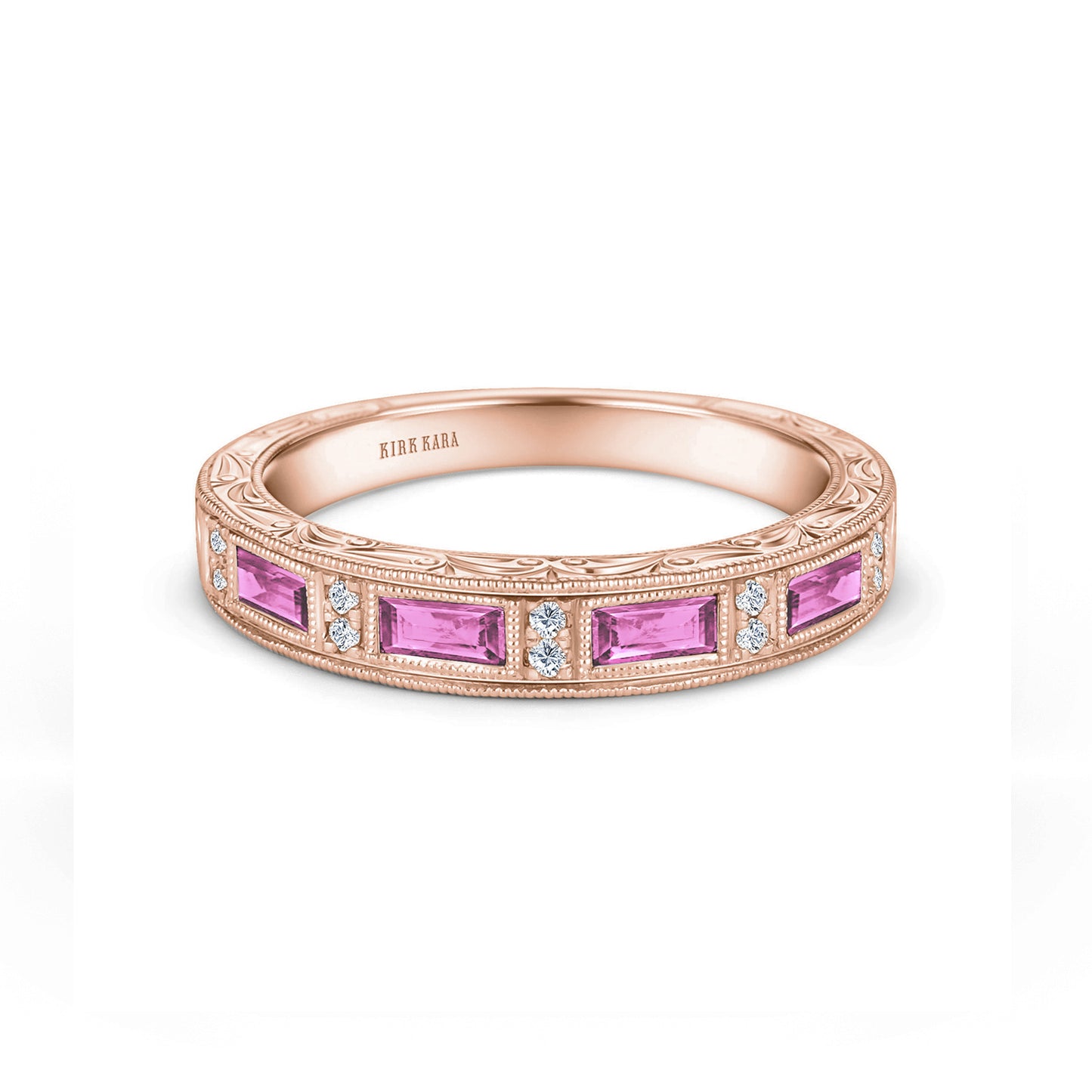 Pink Sapphire Baguette Engraved Diamond Wedding Band