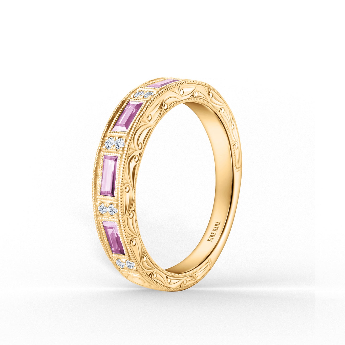 Pink Sapphire Baguette Engraved Diamond Wedding Band