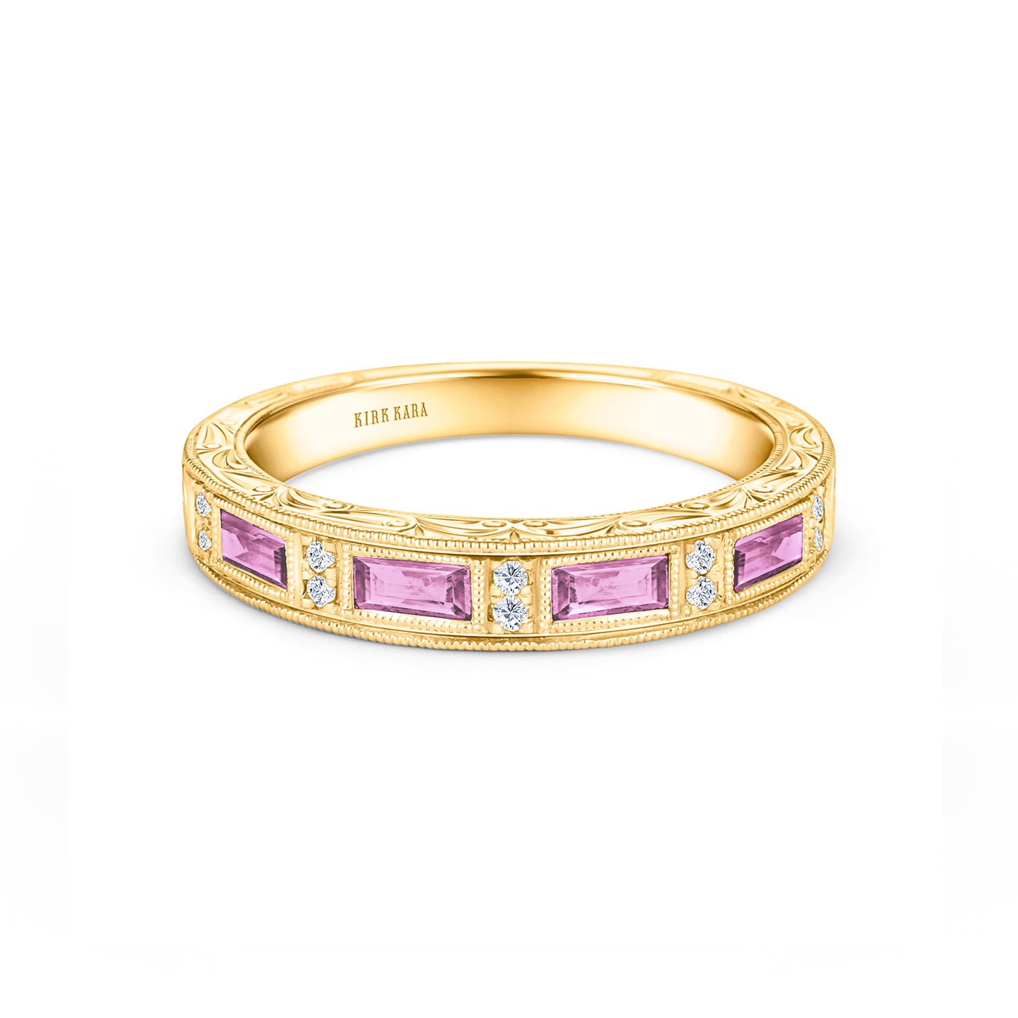 Pink Sapphire Baguette Engraved Diamond Wedding Band