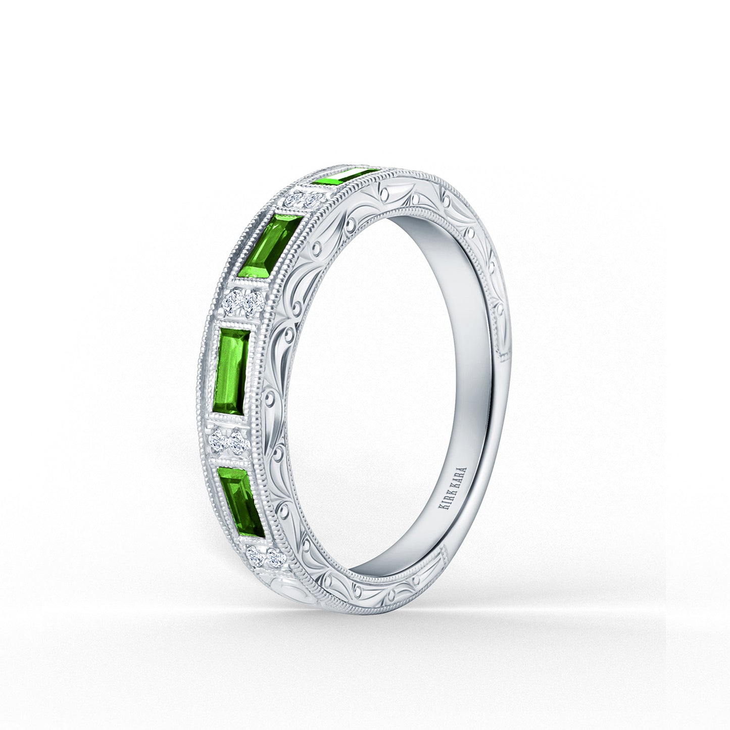 Tsavorite Baguette Engraved Diamond Wedding Band