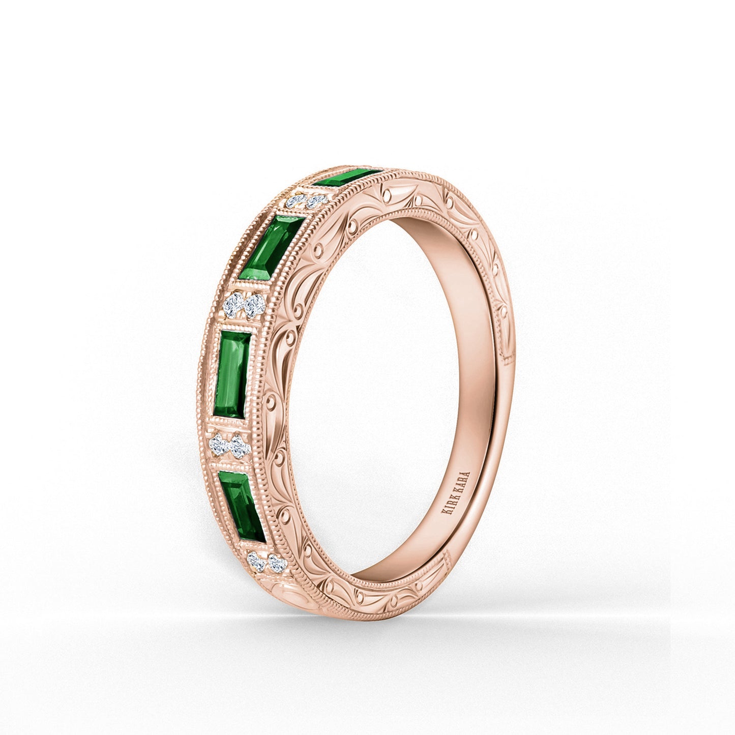 Tsavorite Baguette Engraved Diamond Wedding Band
