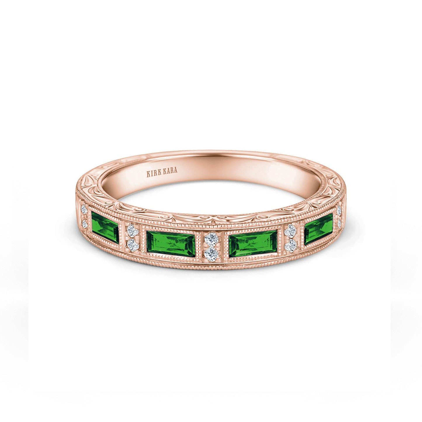 Tsavorite Baguette Engraved Diamond Wedding Band