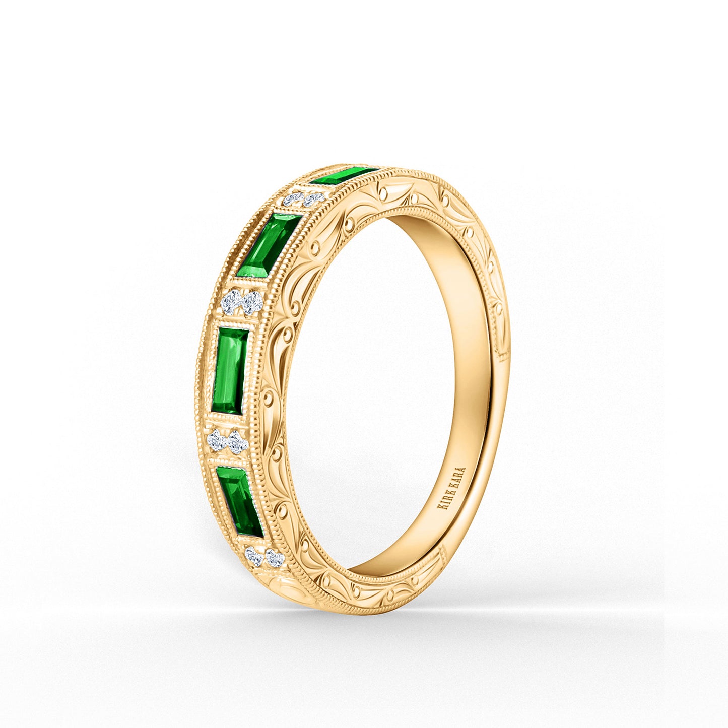 Tsavorite Baguette Engraved Diamond Wedding Band