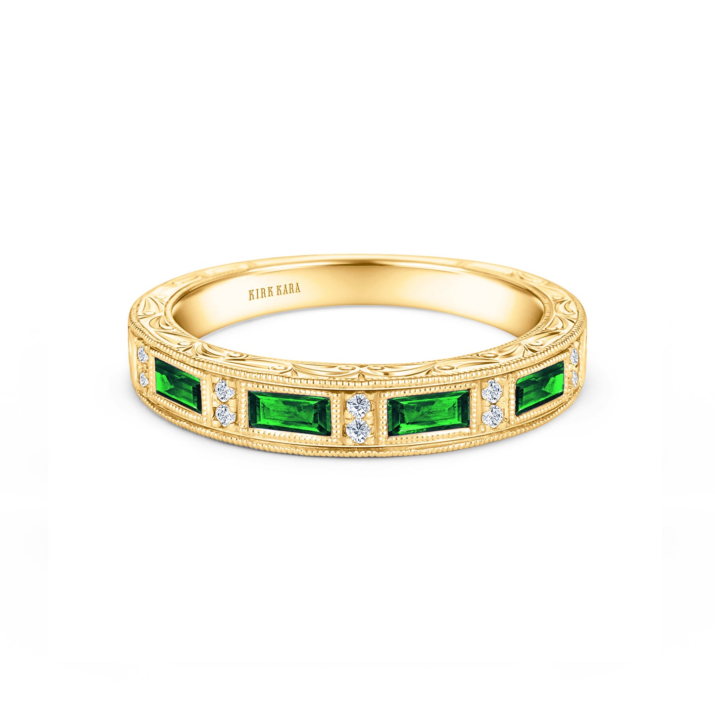 Tsavorite Baguette Engraved Diamond Wedding Band