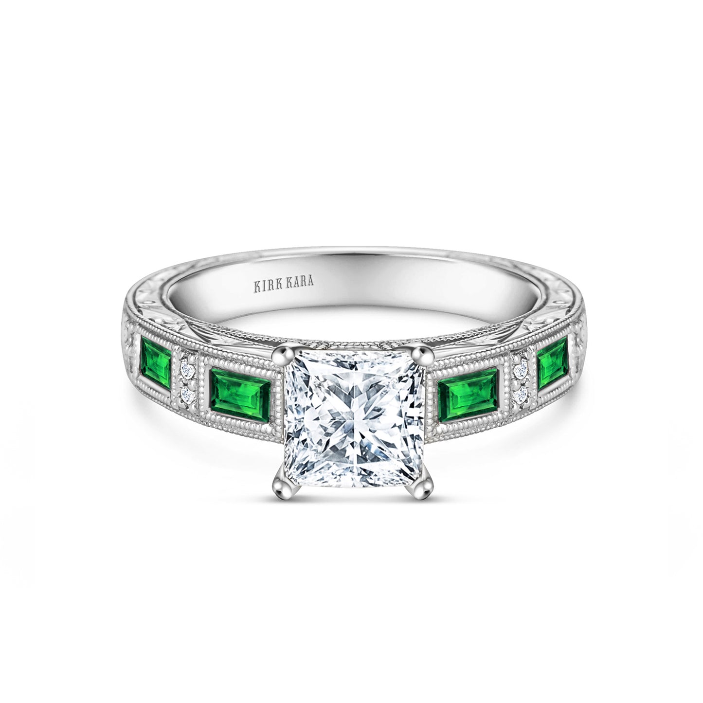 Tsavorite Engraved Cathedral Ring with 1ct Princess Certified Lab Diamond Center