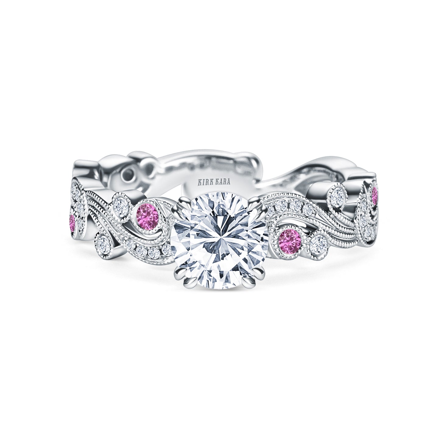 Whimsical Swirl Milgrain Pink Sapphire Diamond Engagement Ring