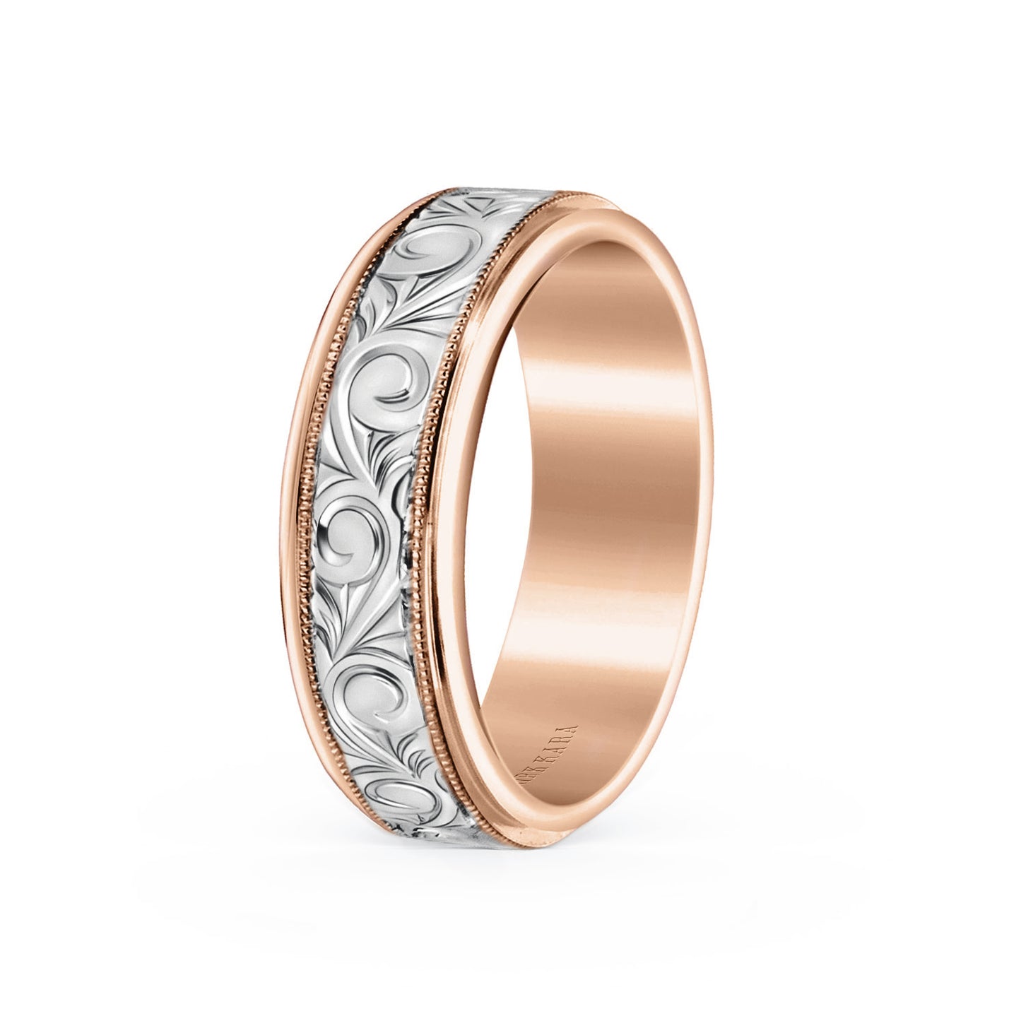 Two Tone Scroll Engraved Milgrain Wedding Band, 7mm