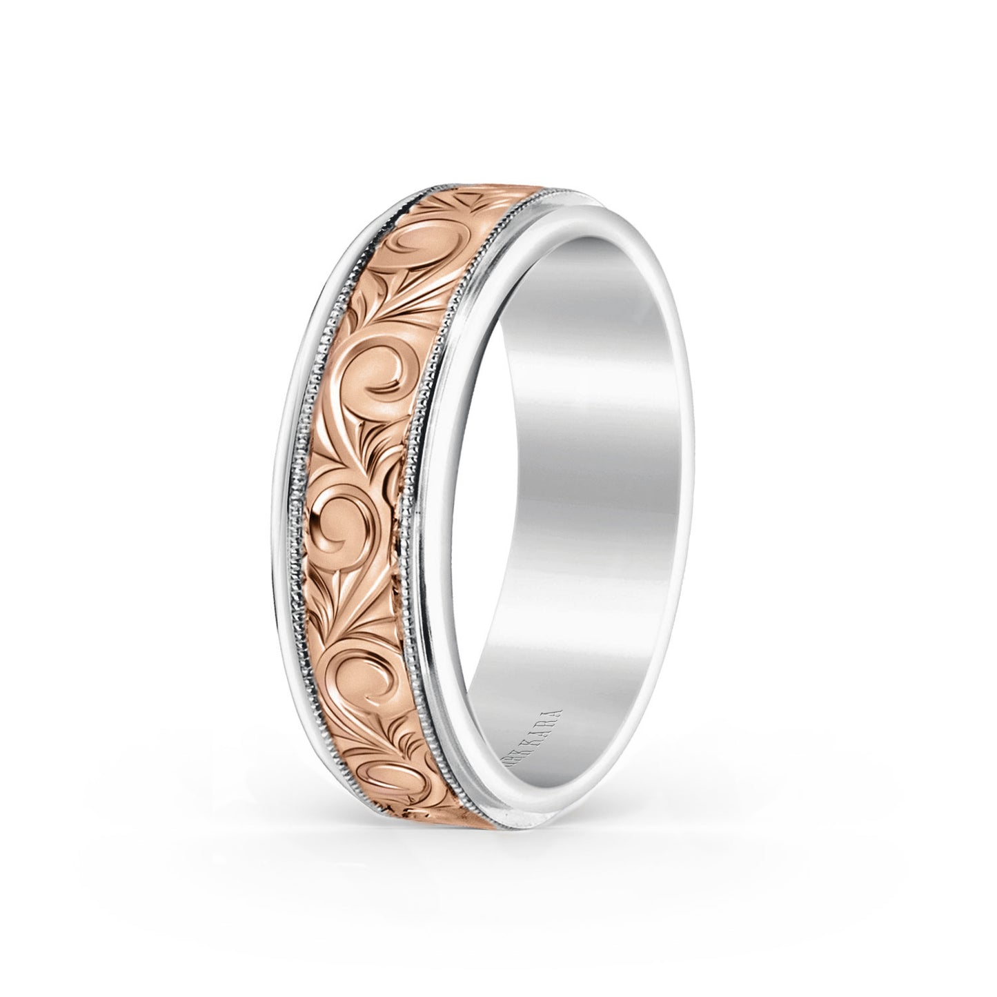 Two Tone Scroll Engraved Milgrain Wedding Band, 7mm