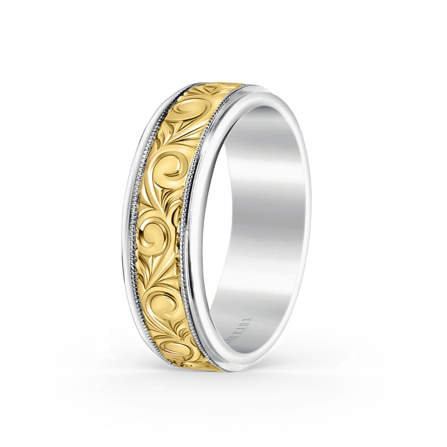 Two Tone Scroll Engraved Milgrain Wedding Band, 7mm