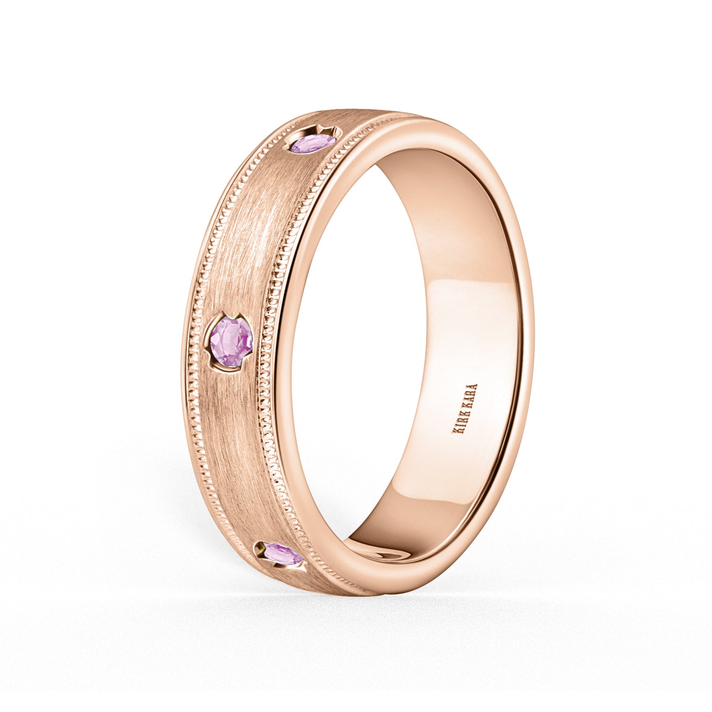 Thin Pink Sapphire Accent Satin Wedding Band, 5mm