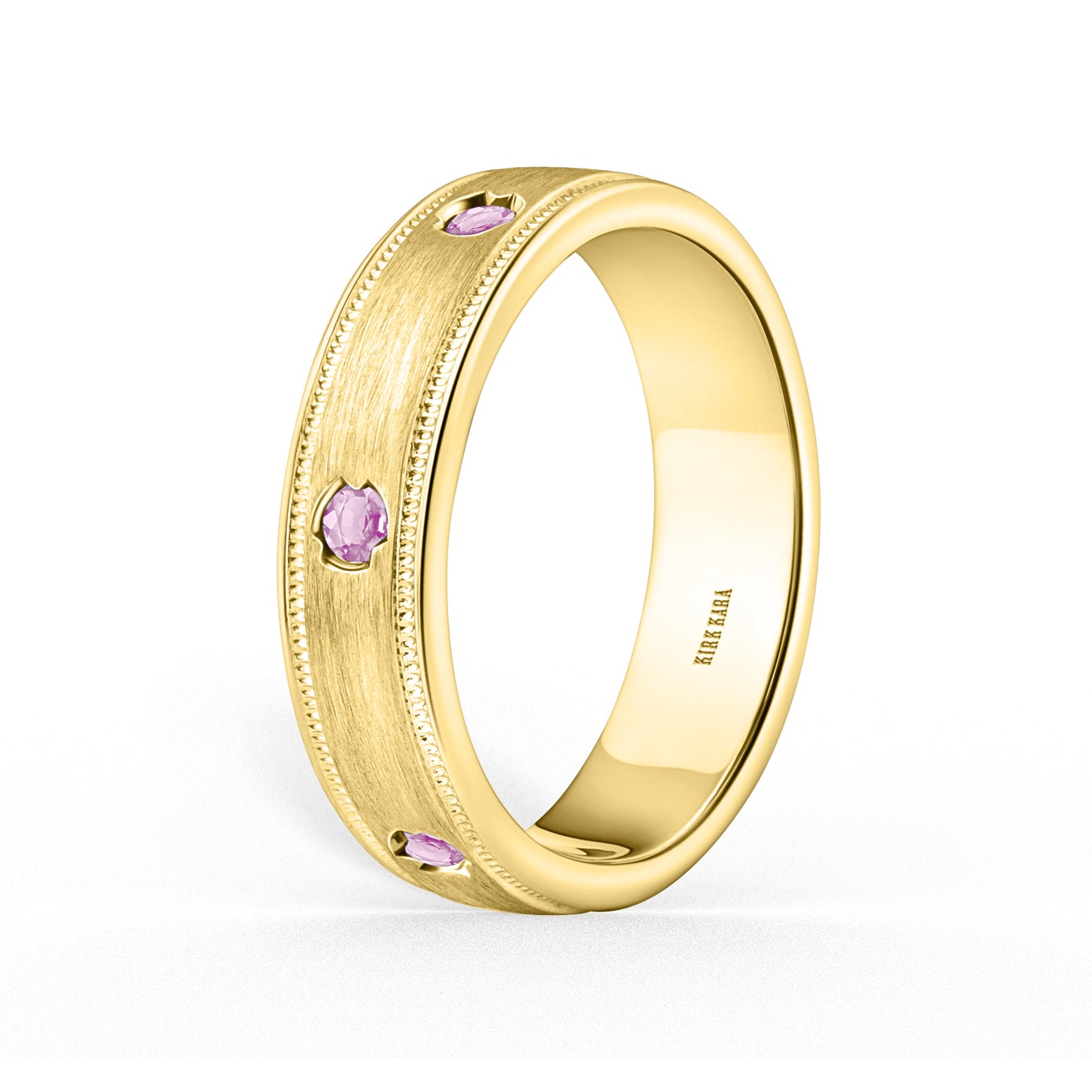 Thin Pink Sapphire Accent Satin Wedding Band, 5mm