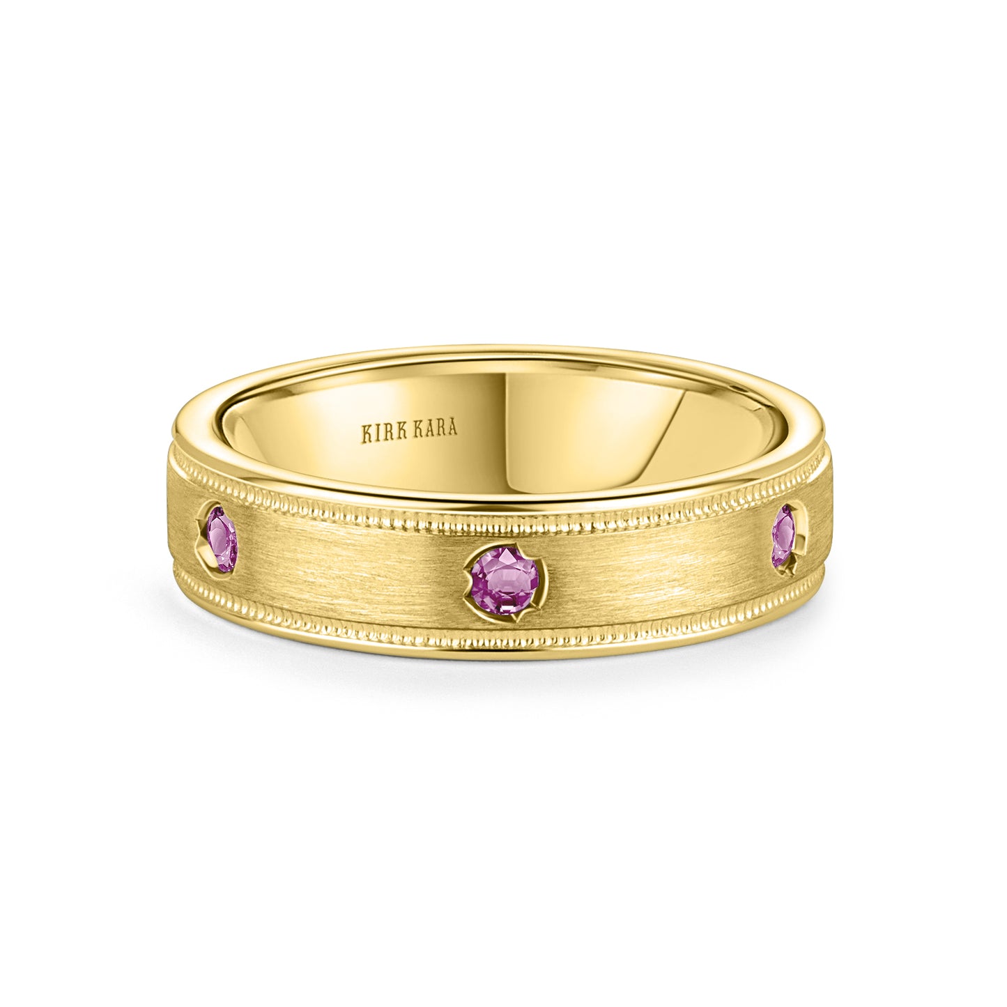 Thin Pink Sapphire Accent Satin Wedding Band, 5mm