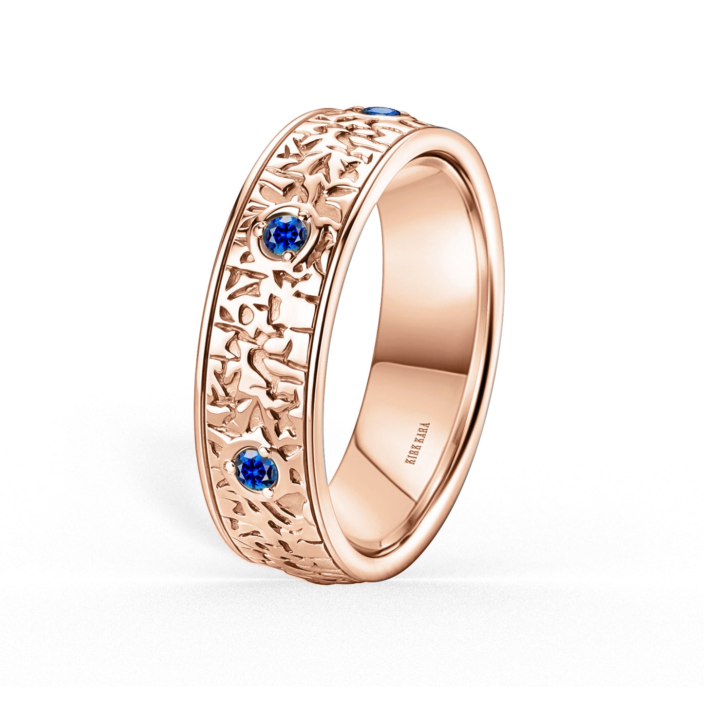 Blue Sapphire Accent Nugget Engraved Wedding Band, 7mm