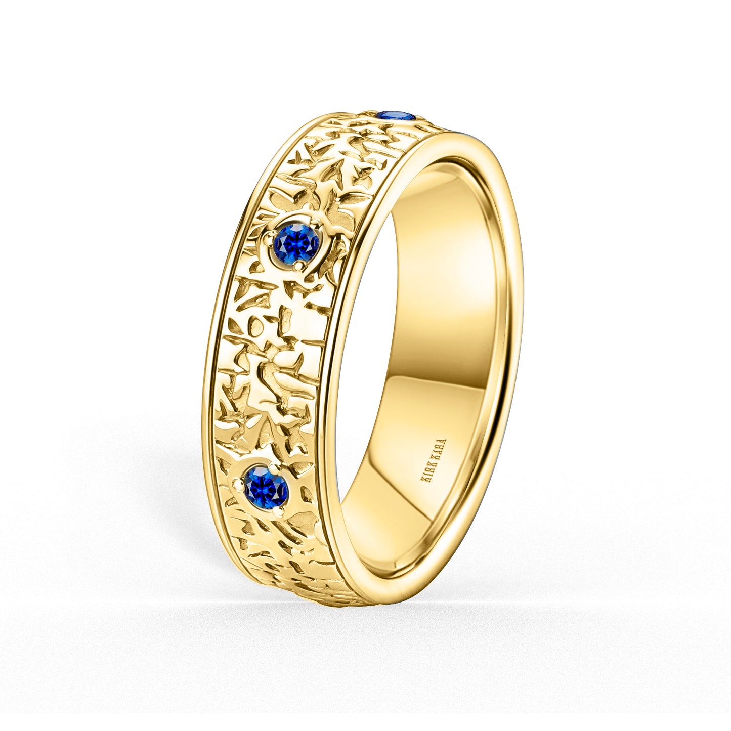 Blue Sapphire Accent Nugget Engraved Wedding Band, 7mm