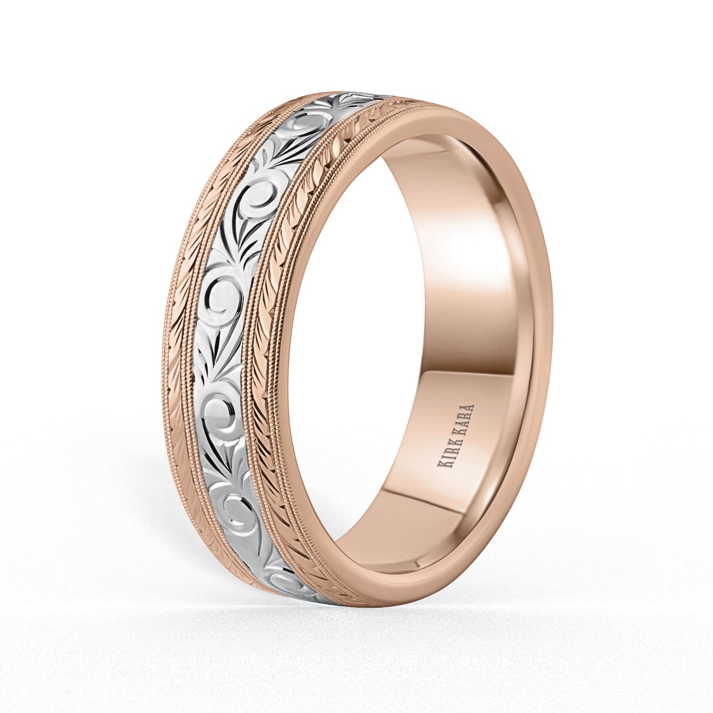 Scroll Wheat Two Tone Engraved Wedding Band, 7mm