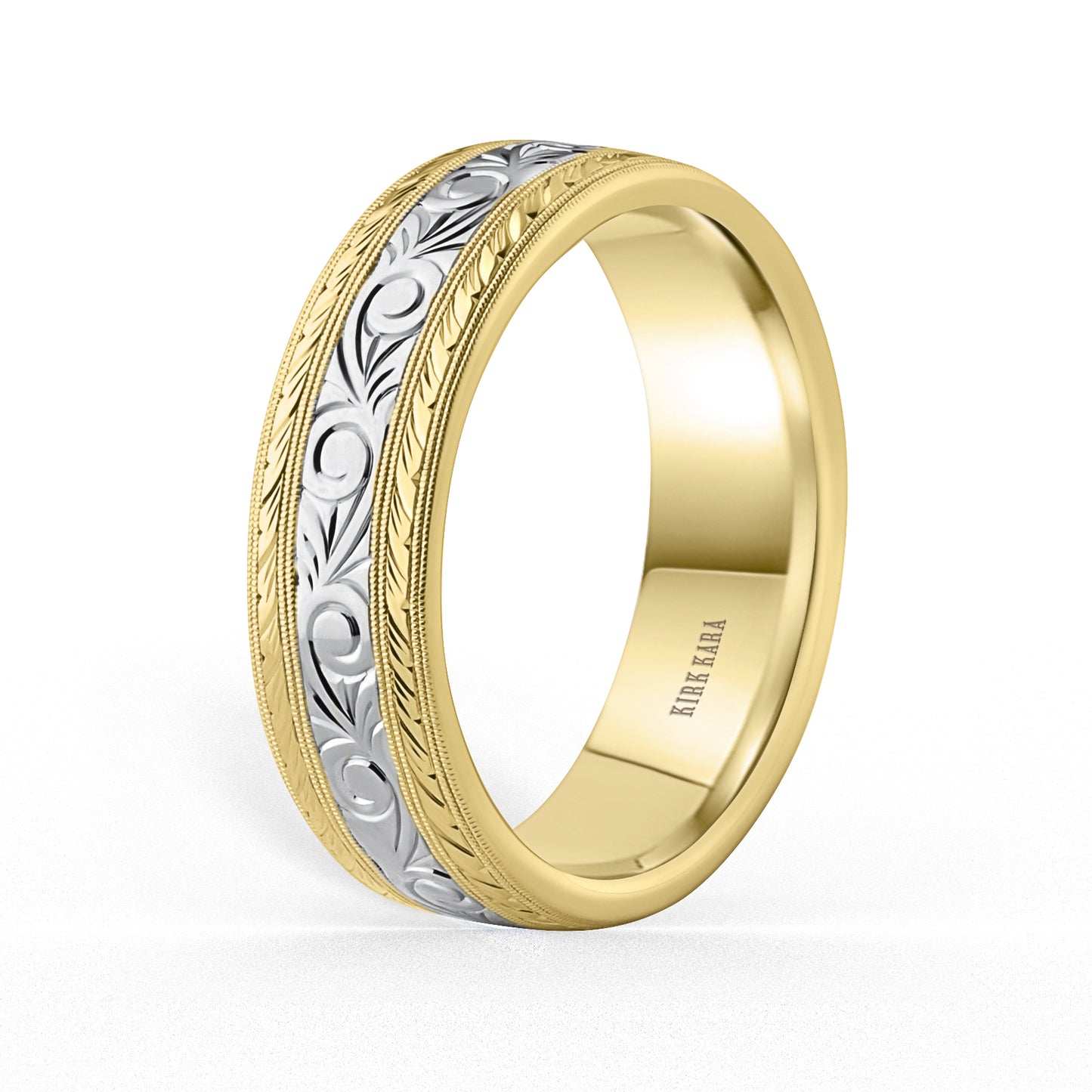 Scroll Wheat Two Tone Engraved Wedding Band, 7mm