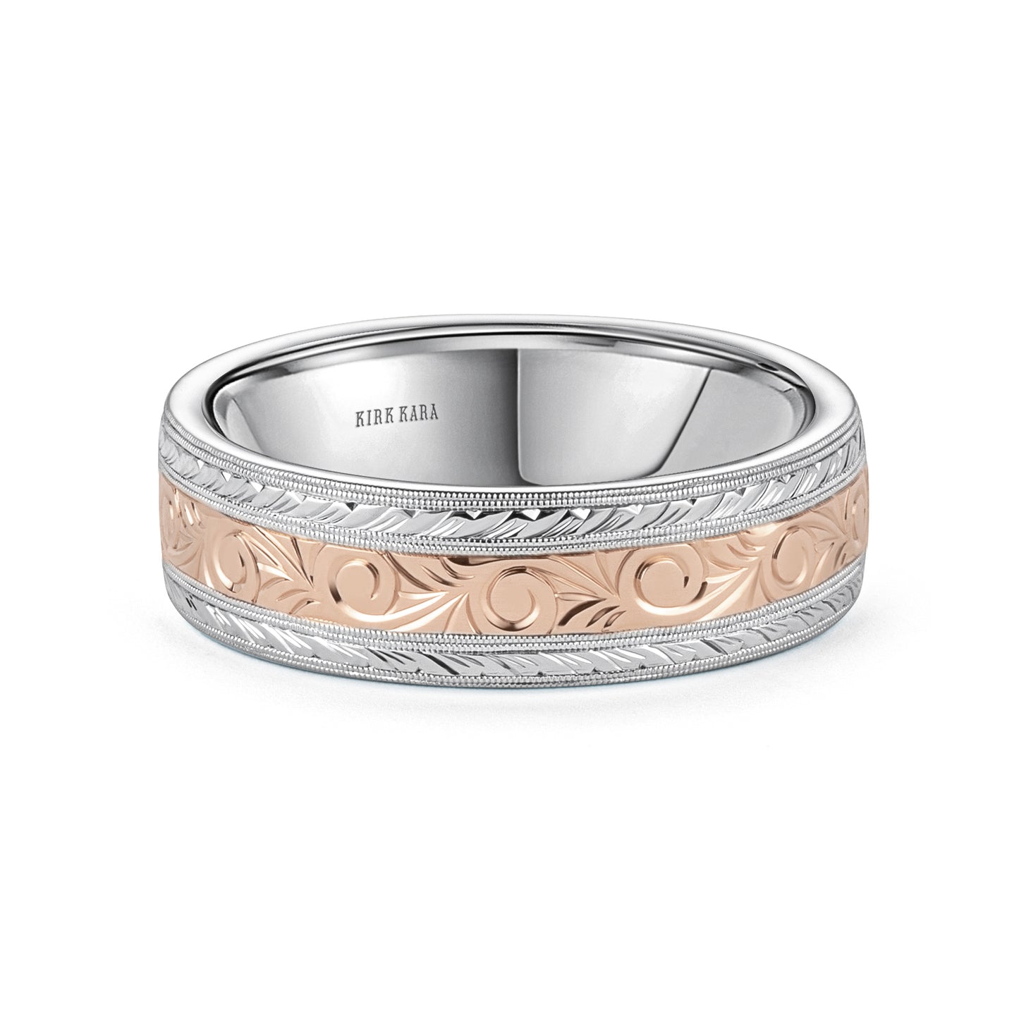 Scroll Wheat Two Tone Engraved Wedding Band, 7mm