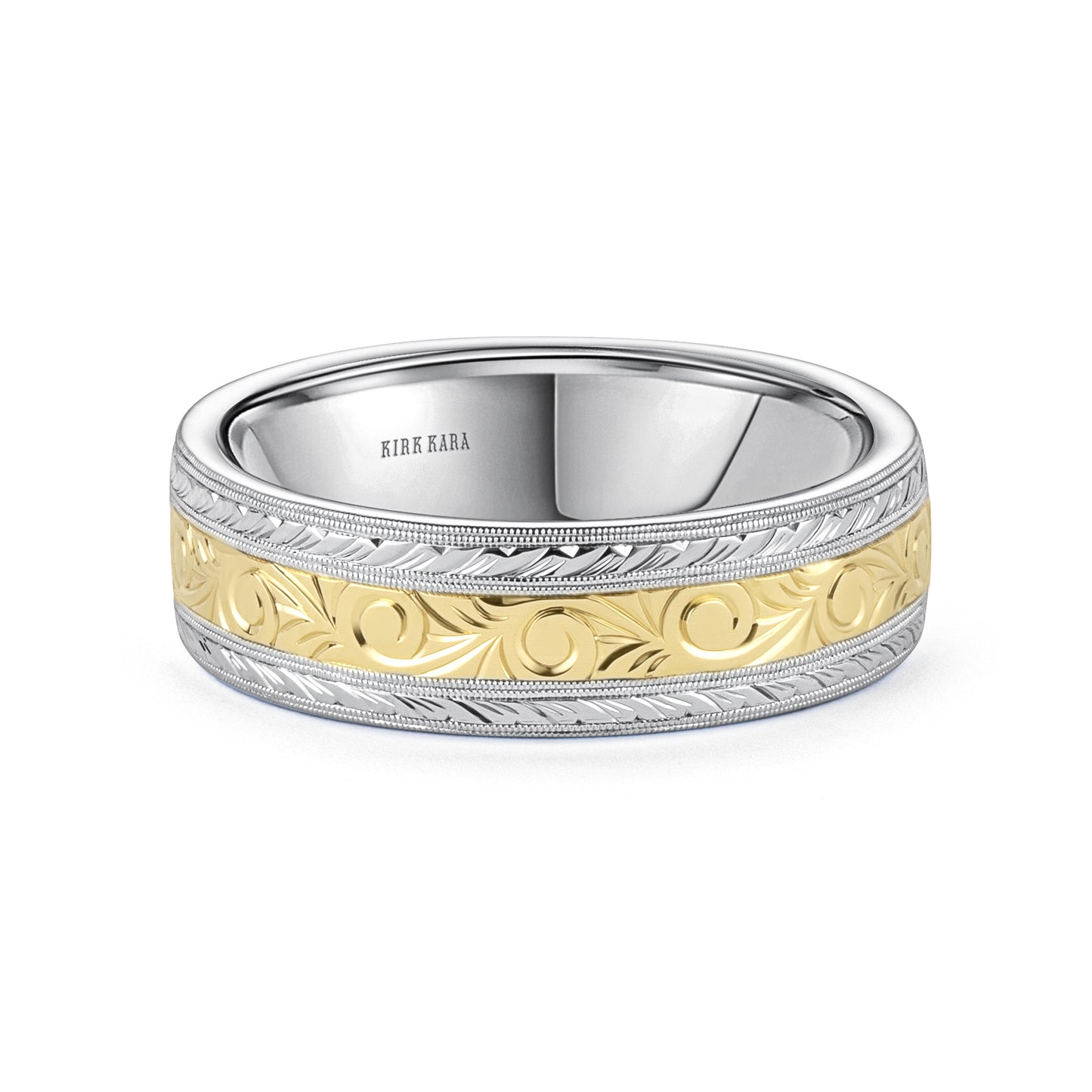 Scroll Wheat Two Tone Engraved Wedding Band, 7mm