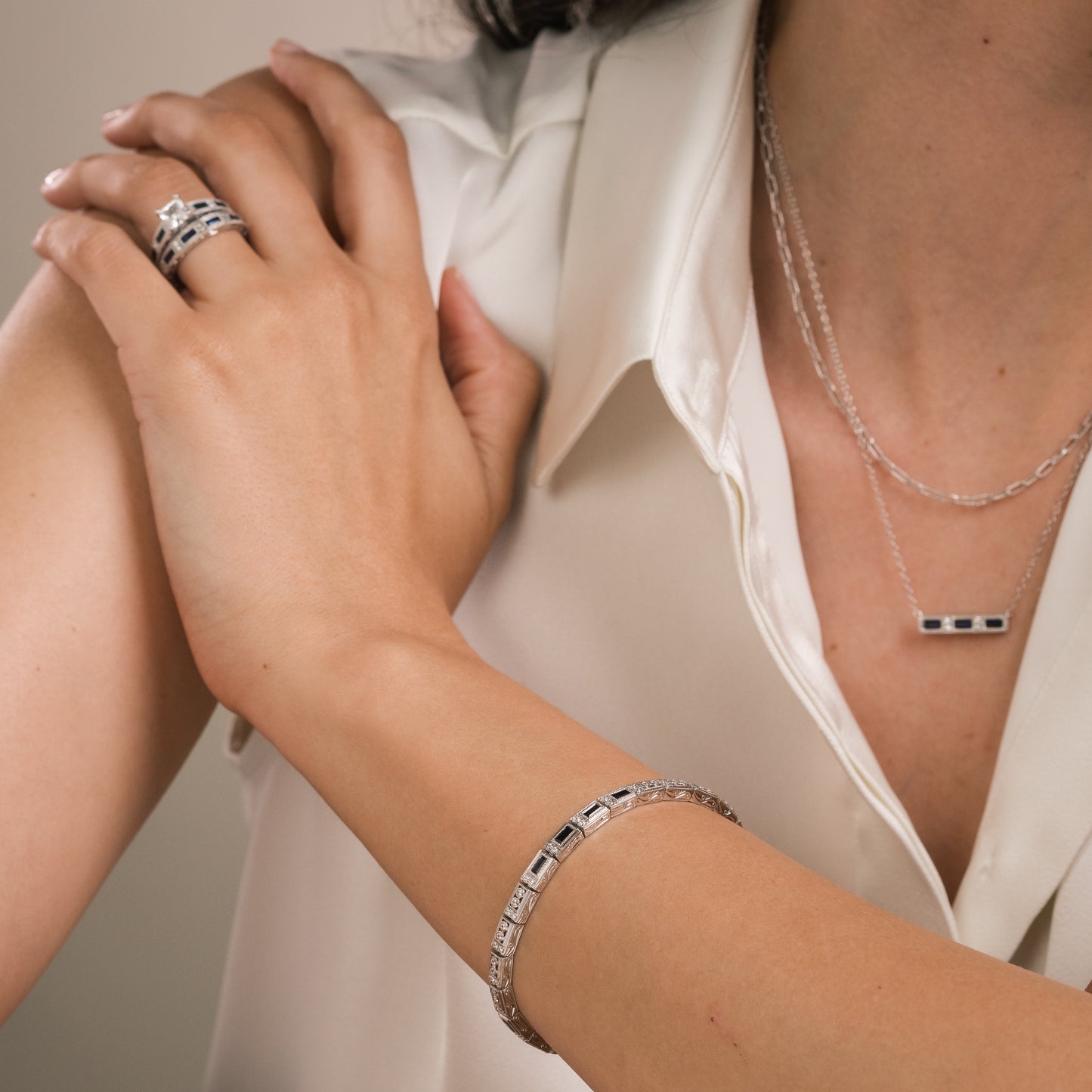 Blue Sapphire Baguette Engraved Diamond Bracelet