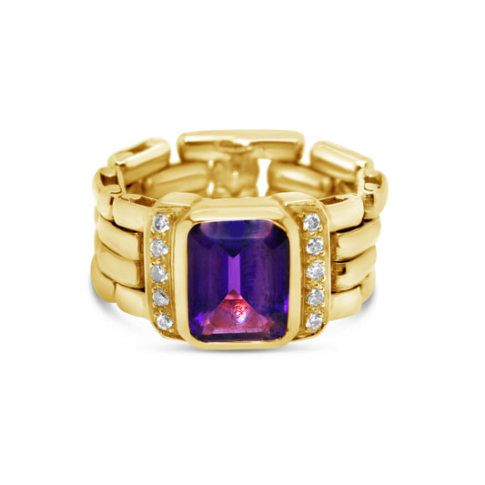 18K Yellow Gold Diamond Amethyst Fashion Ring