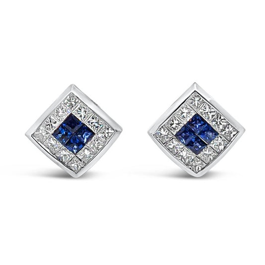 18K White Gold Diamond Natural Blue Sapphire Vintage Earrings