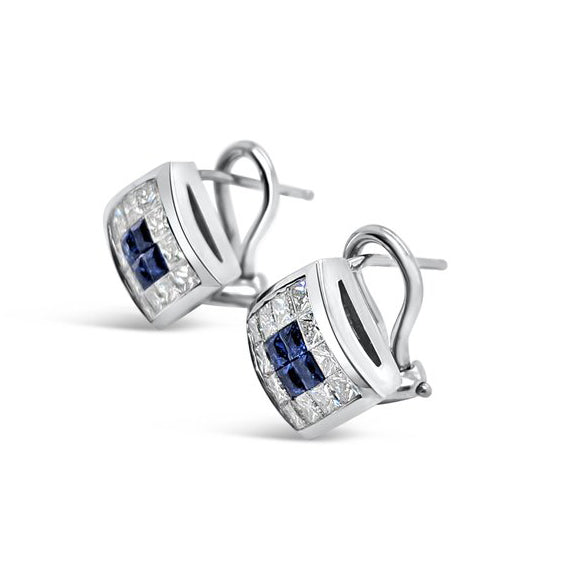 18K White Gold Diamond Natural Blue Sapphire Vintage Earrings