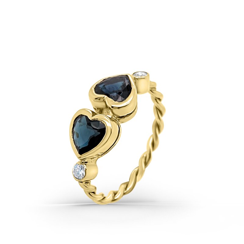 14K Yellow Gold Diamond Natural Blue Heart Sapphire Twist Ring